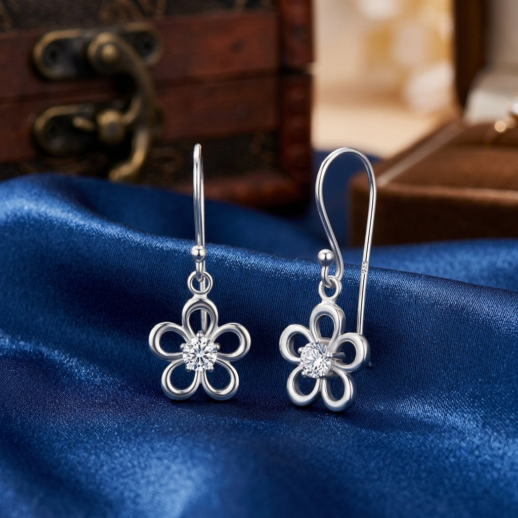 Silver Flower Hook Earrings