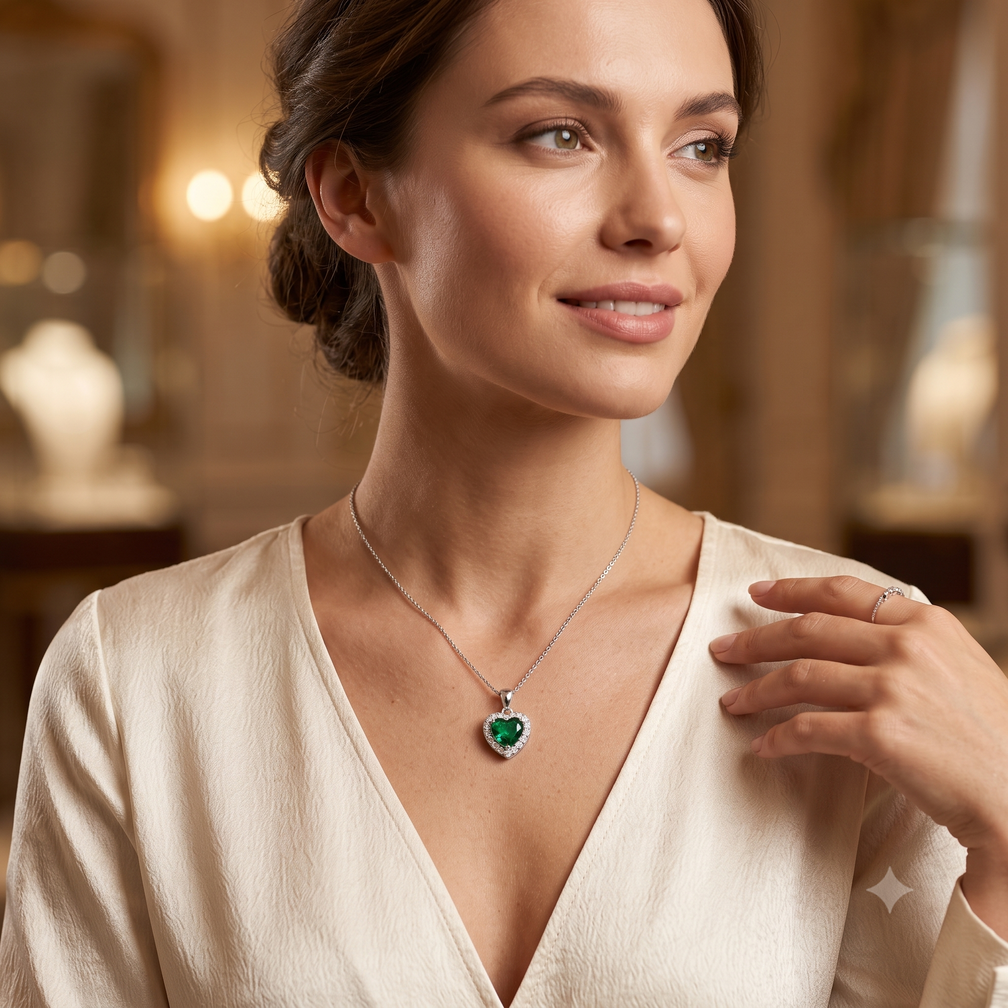 Silver Sparkling Awe Heart Emerald Green Pendant