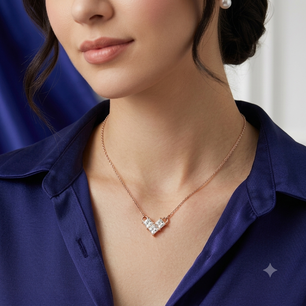 Silver Rose Gold Three Squares V Necklace