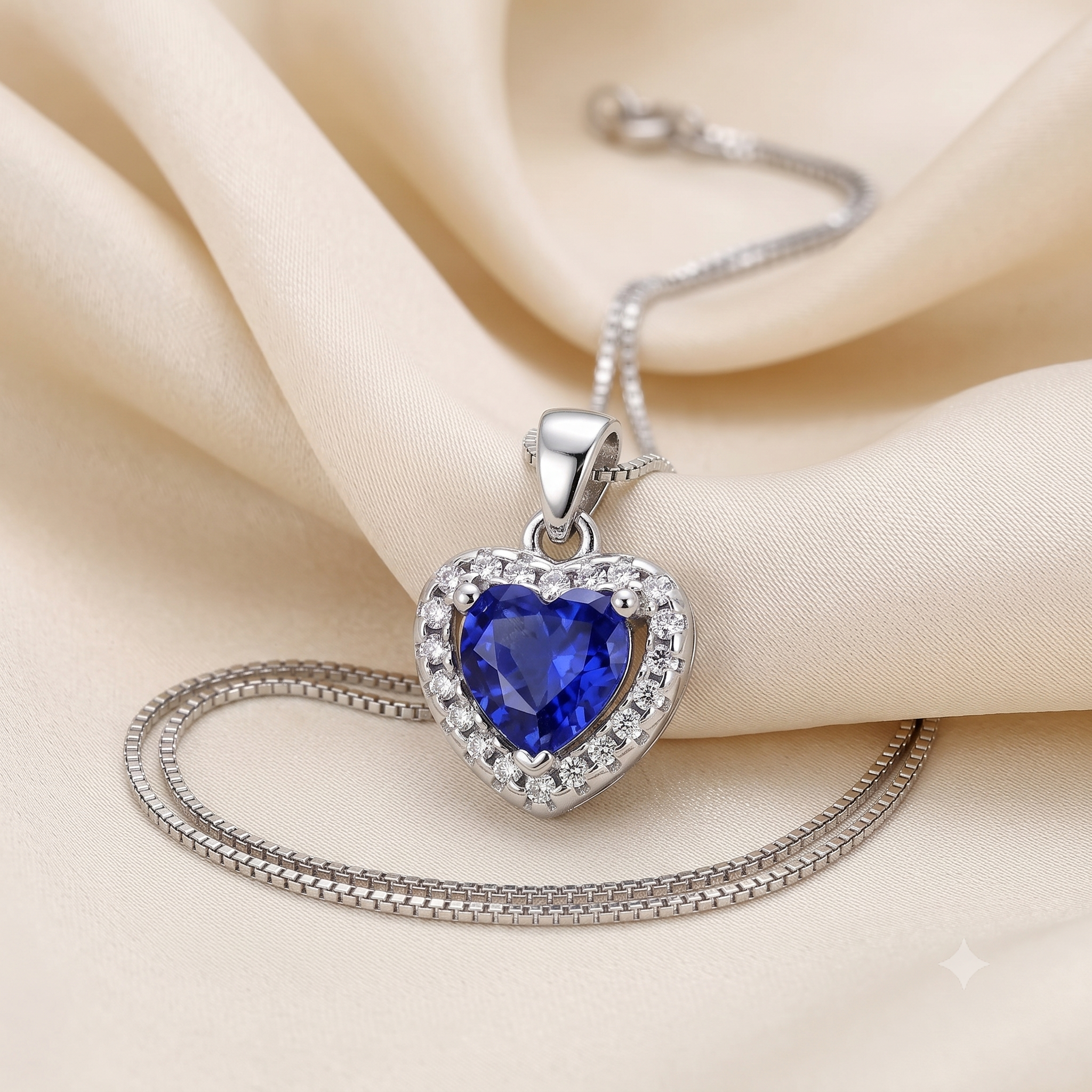 Silver Sparkling Awe Heart Sapphire Blue Pendant