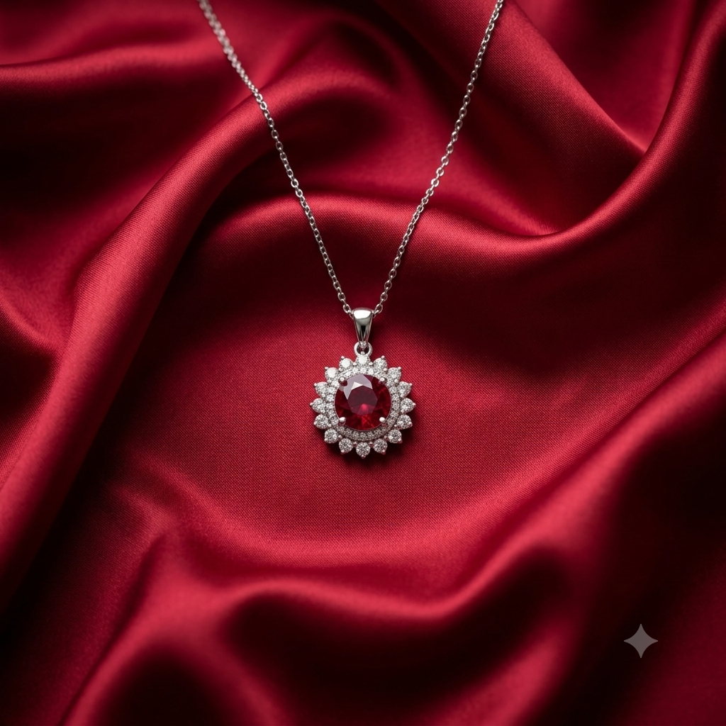 Silver Sparkling Ruby Red Pendant with Link Chain