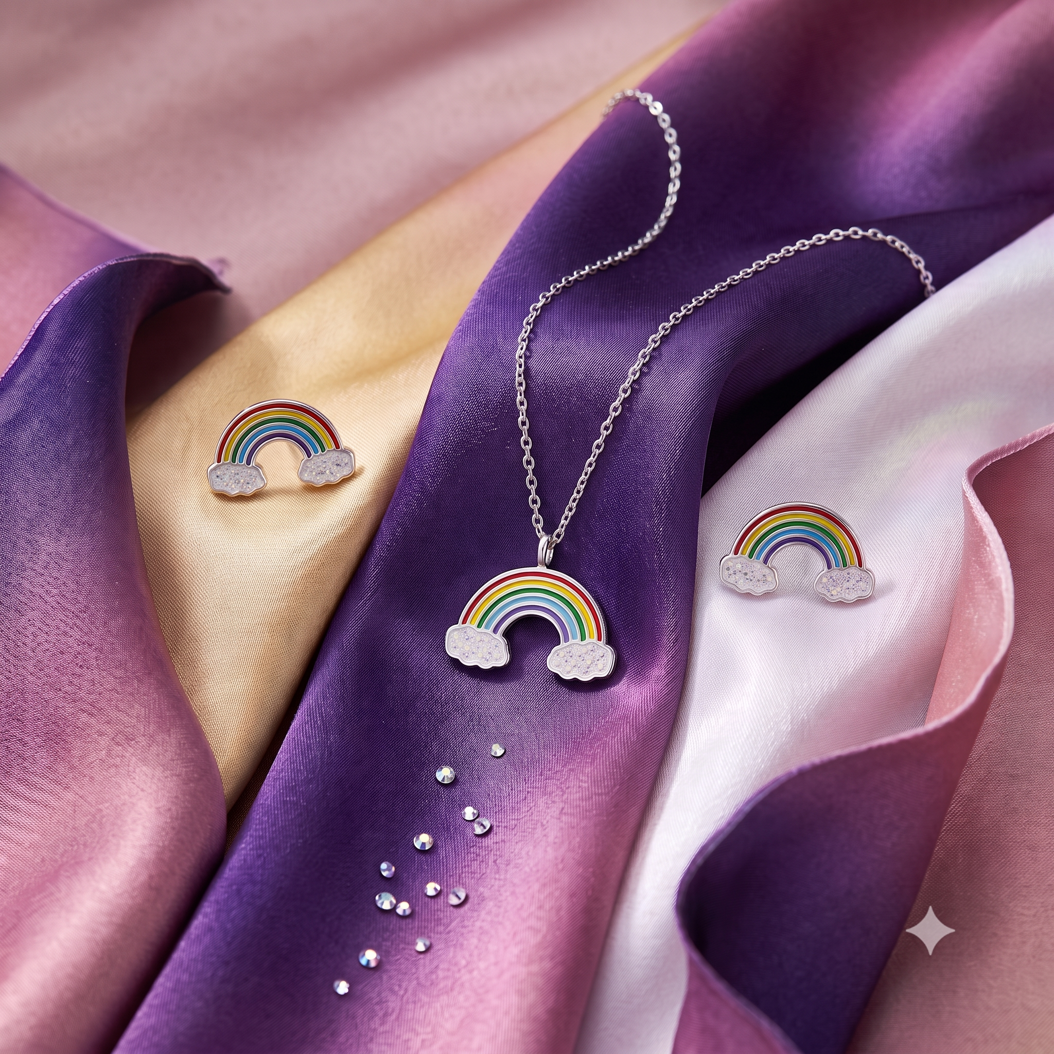 A silver rainbow pendant necklace with white cloud charms is displayed on a draped satin fabric background in purple, pink, and gold tones, alongside matching rainbow stud earrings.
