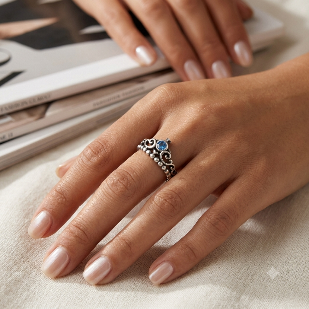 Silver Aquamarine Blue Oxidised Tiara Ring