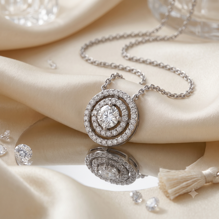 Silver Sparkling Two Row and Center Necklace 44cm + 5cm