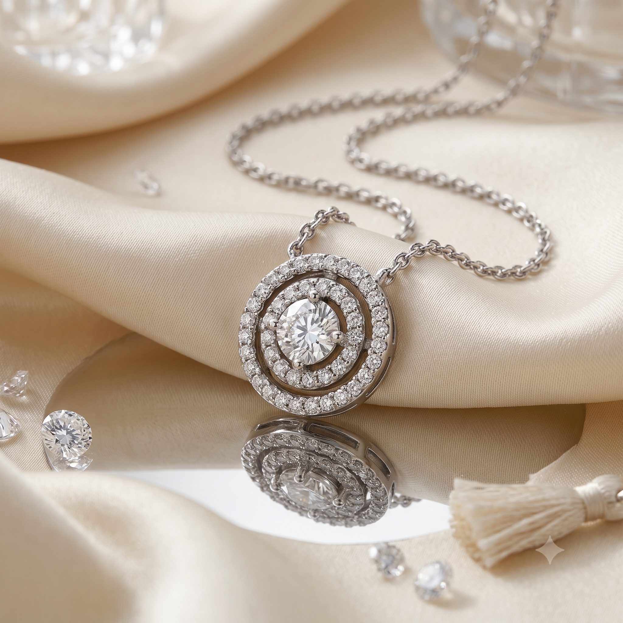 Silver Sparkling Two Row and Center Necklace 44cm + 5cm