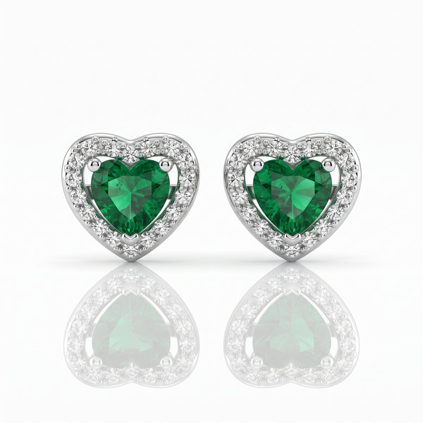 Silver Sparkling Awe Heart Emerald Green Earrings