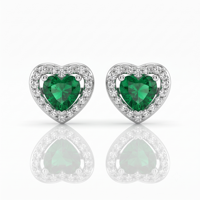Silver Sparkling Awe Heart Emerald Green Earrings