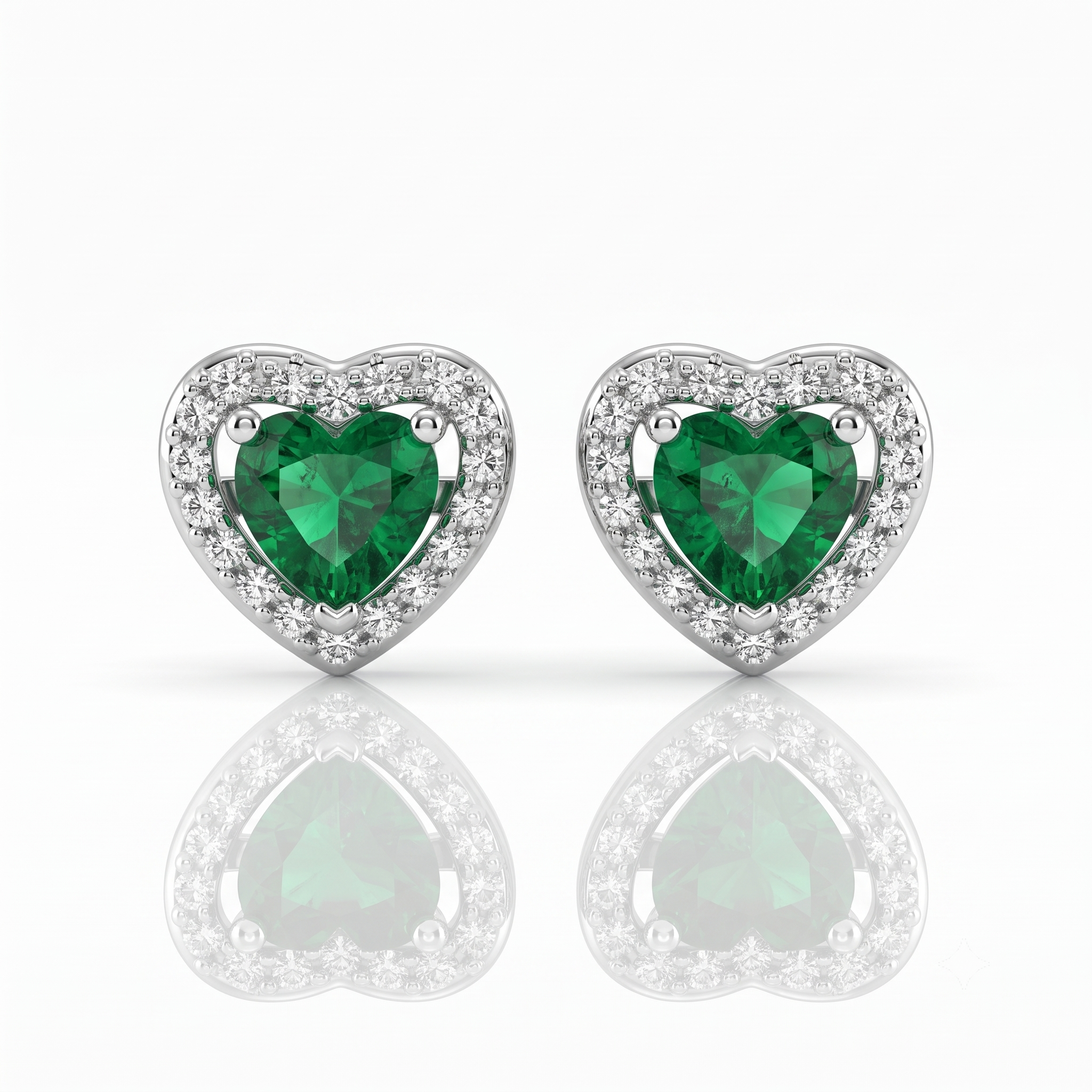 Silver Sparkling Awe Heart Emerald Green Earrings