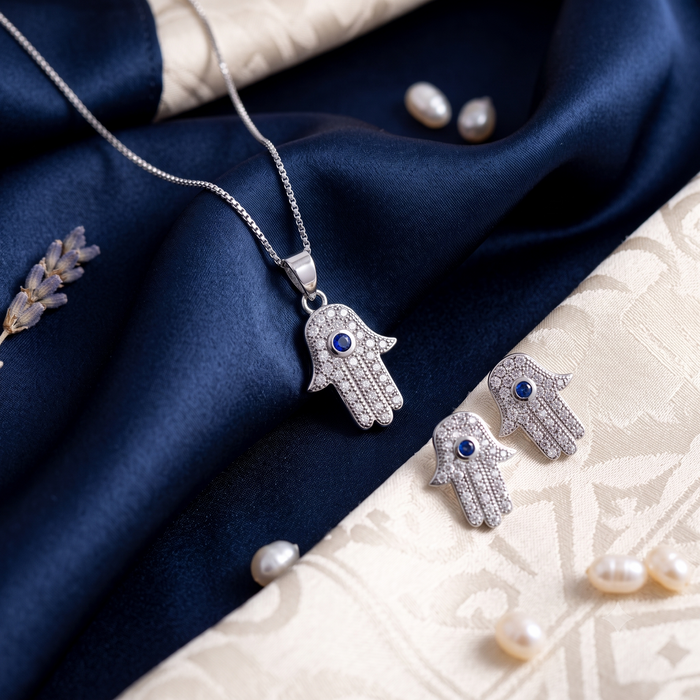 Silver Sparkling Hamsa Pendant Set