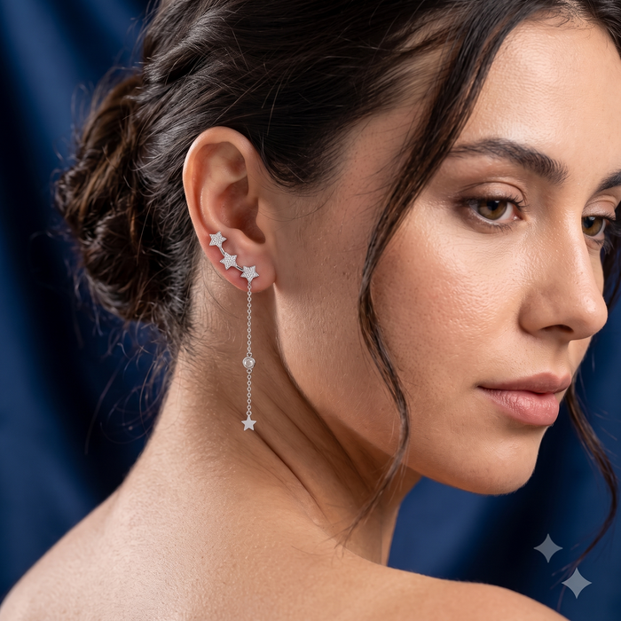 Silver On Ear Curved Star Trail Earrings