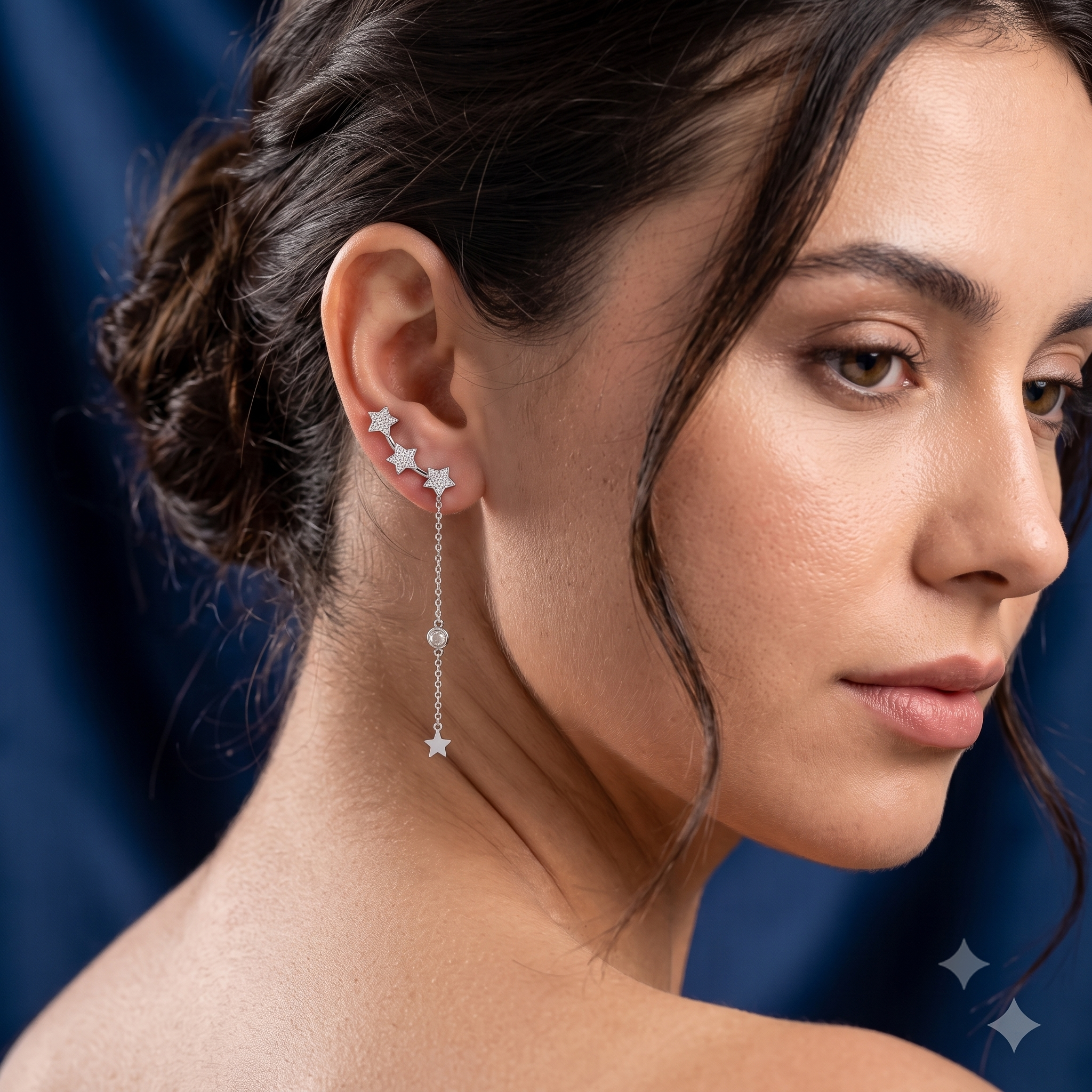 Silver On Ear Curved Star Trail Earrings