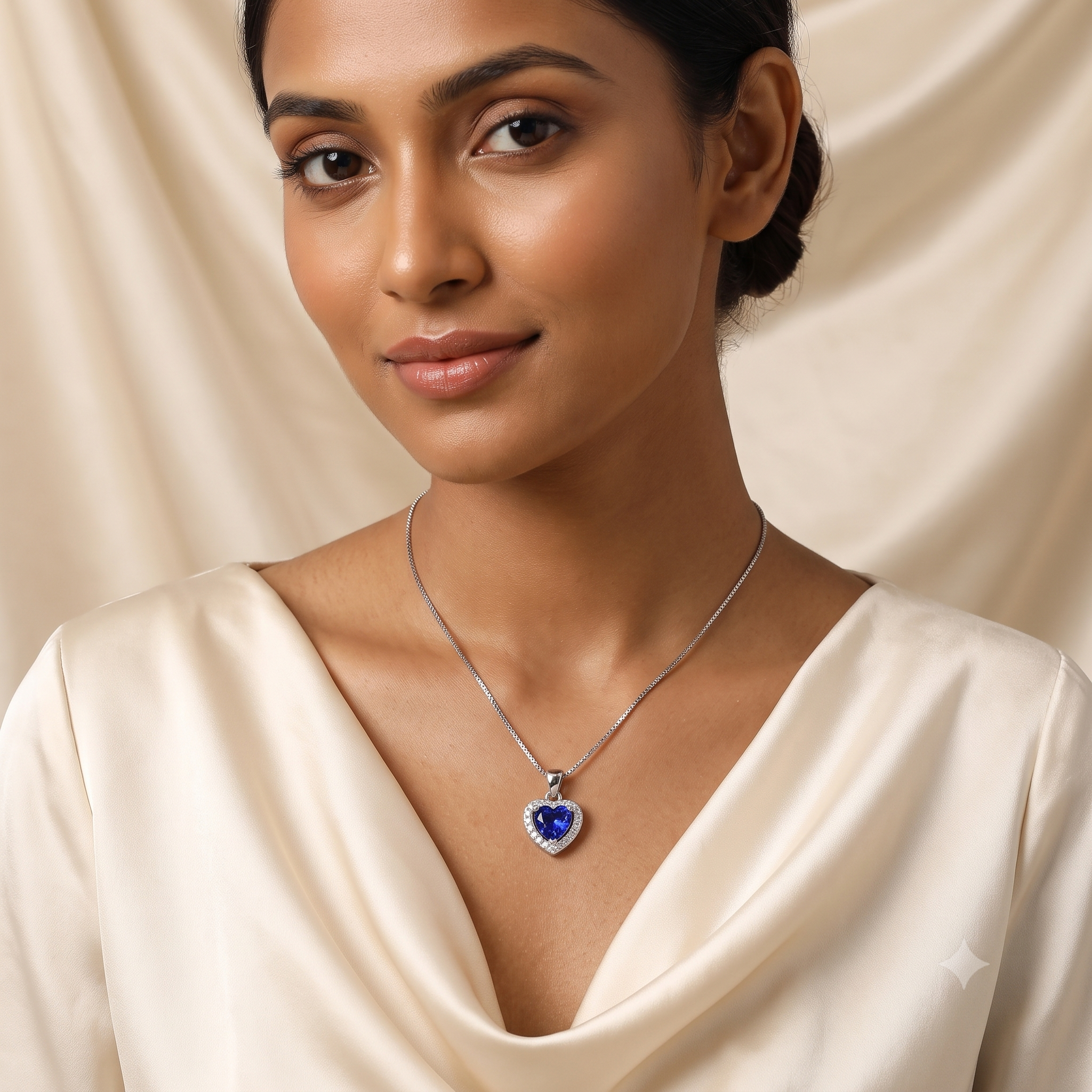 Silver Sparkling Awe Heart Sapphire Blue Pendant