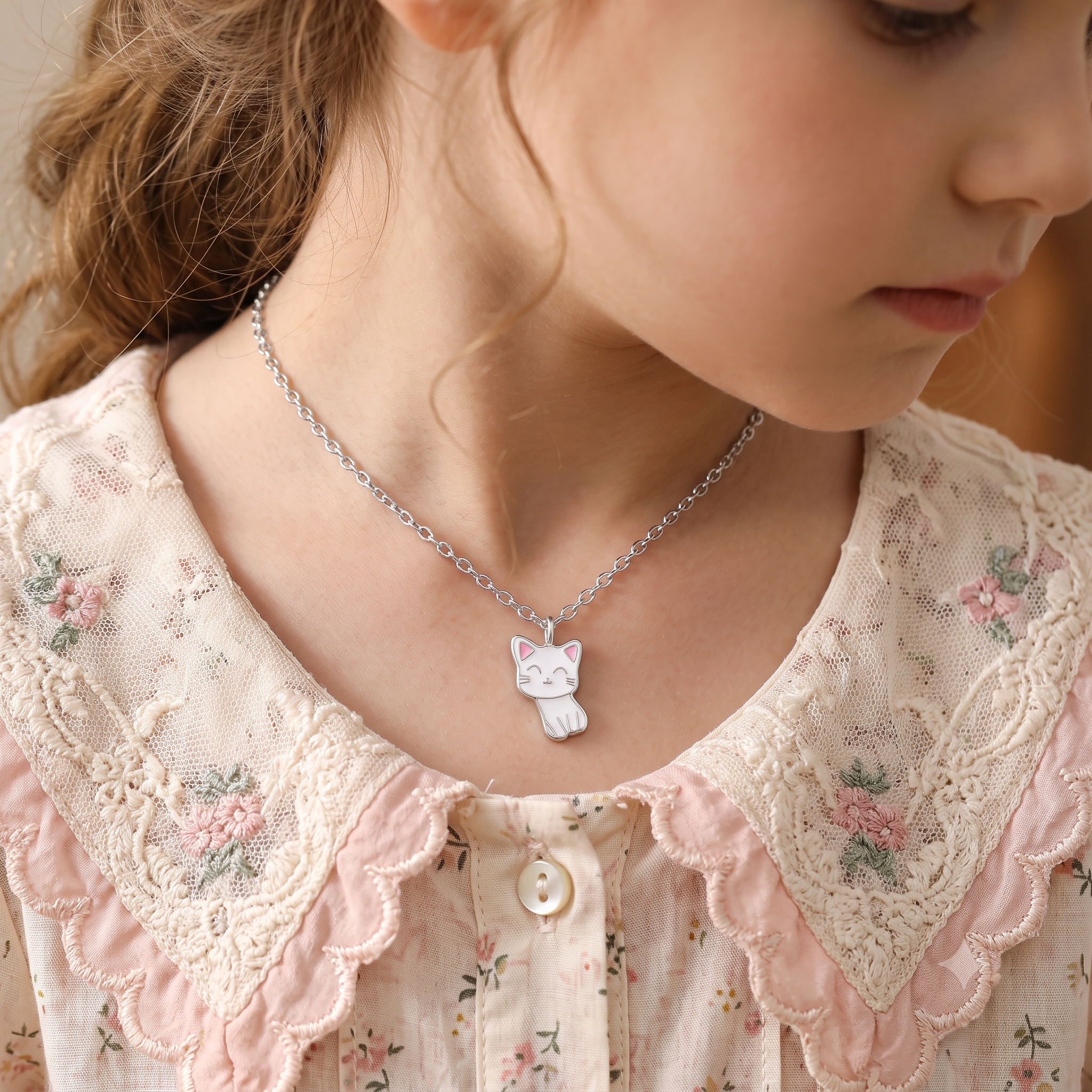 Silver Kids Cute Cat Necklace