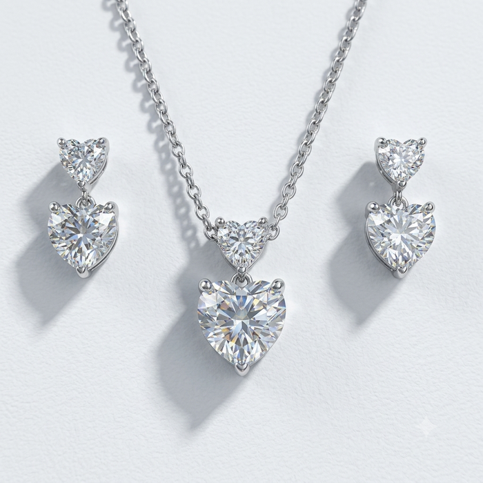 Silver Sparkling Solitaire Heart Embrace Necklace Set