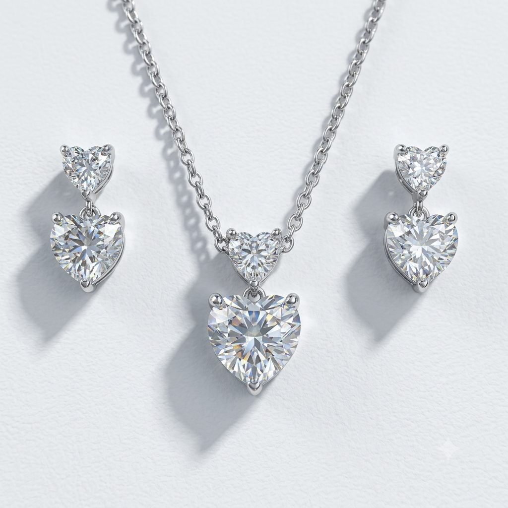 Silver Sparkling Solitaire Heart Embrace Necklace Set