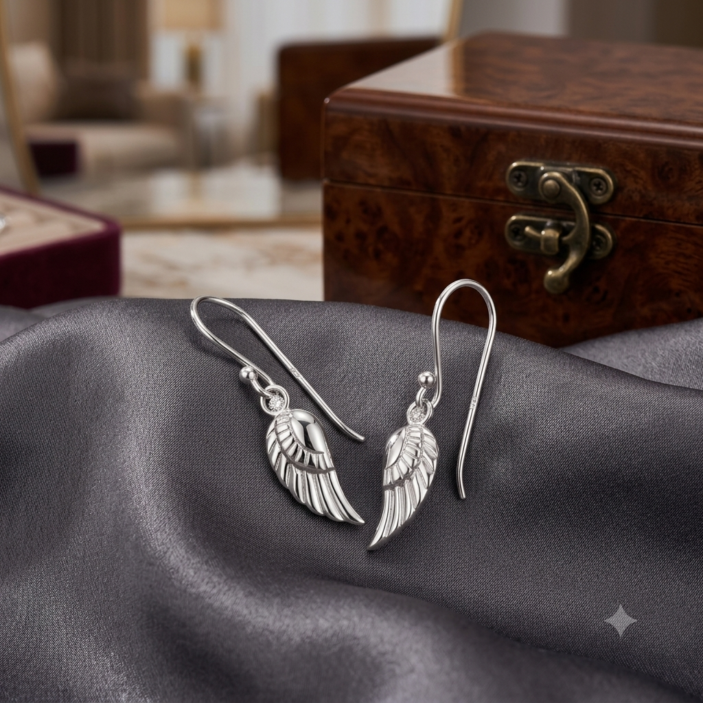 A pair of silver angel wing drop earrings resting on dark gray satin fabric, with a blurred wooden jewelry box in the background.
