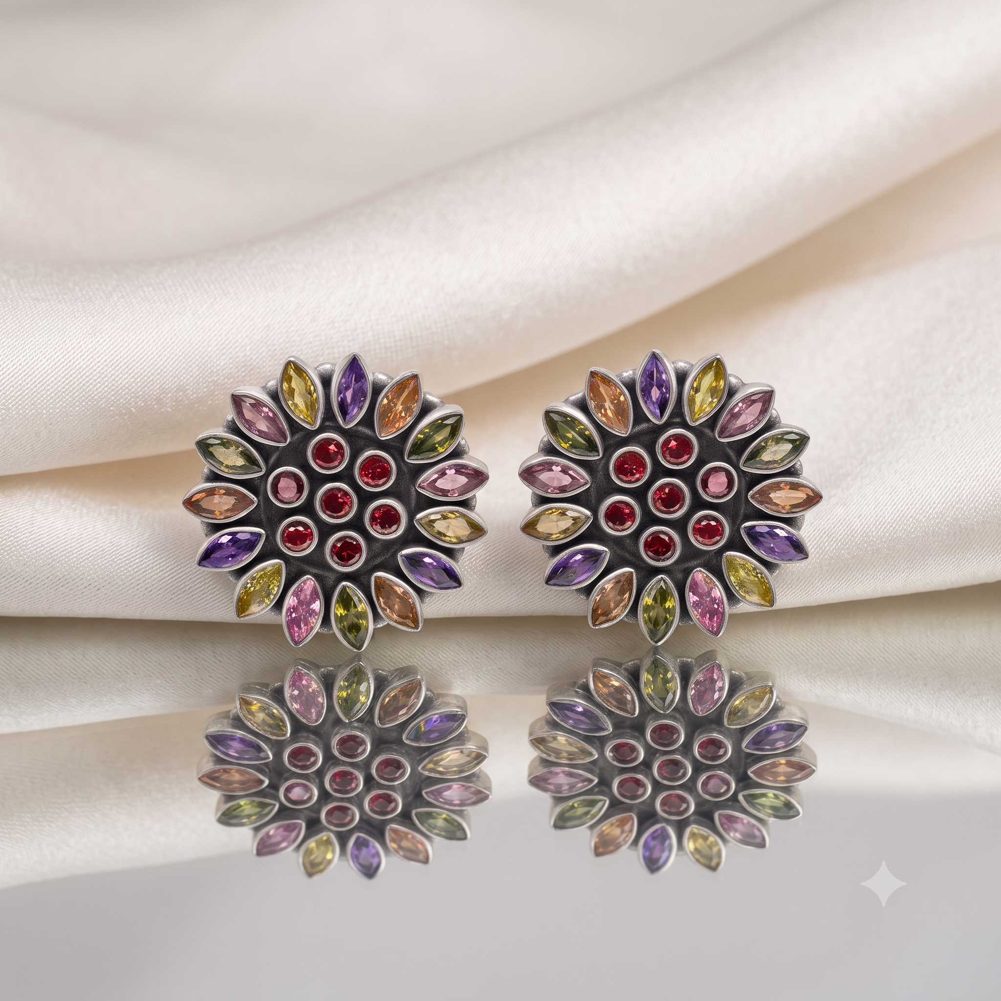 Silver Oxidised Multi Tone Gemstone Grand Flower Toe Rings