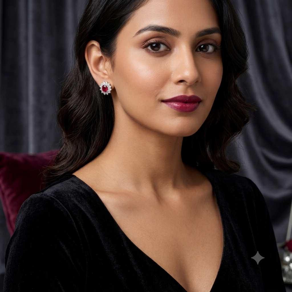 Silver Sparkling Ruby Red Earrings