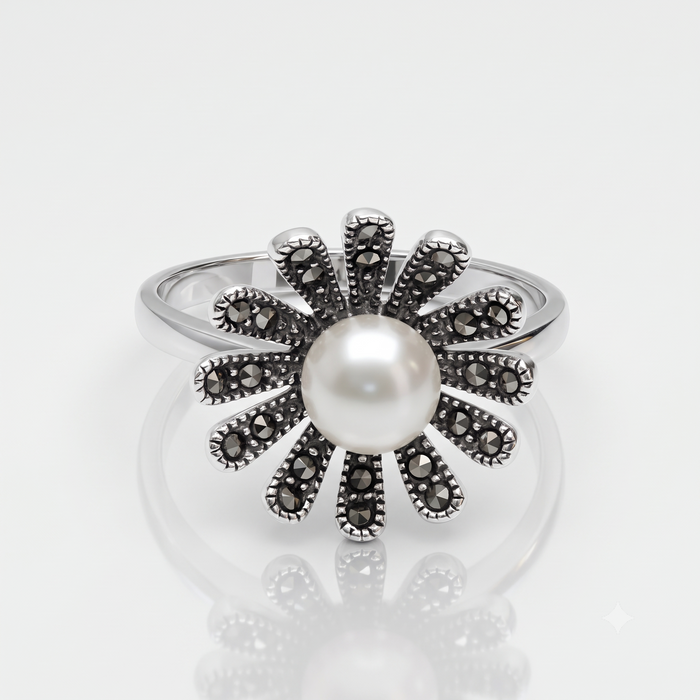 Silver Marcasite & Pearl Flower Ring