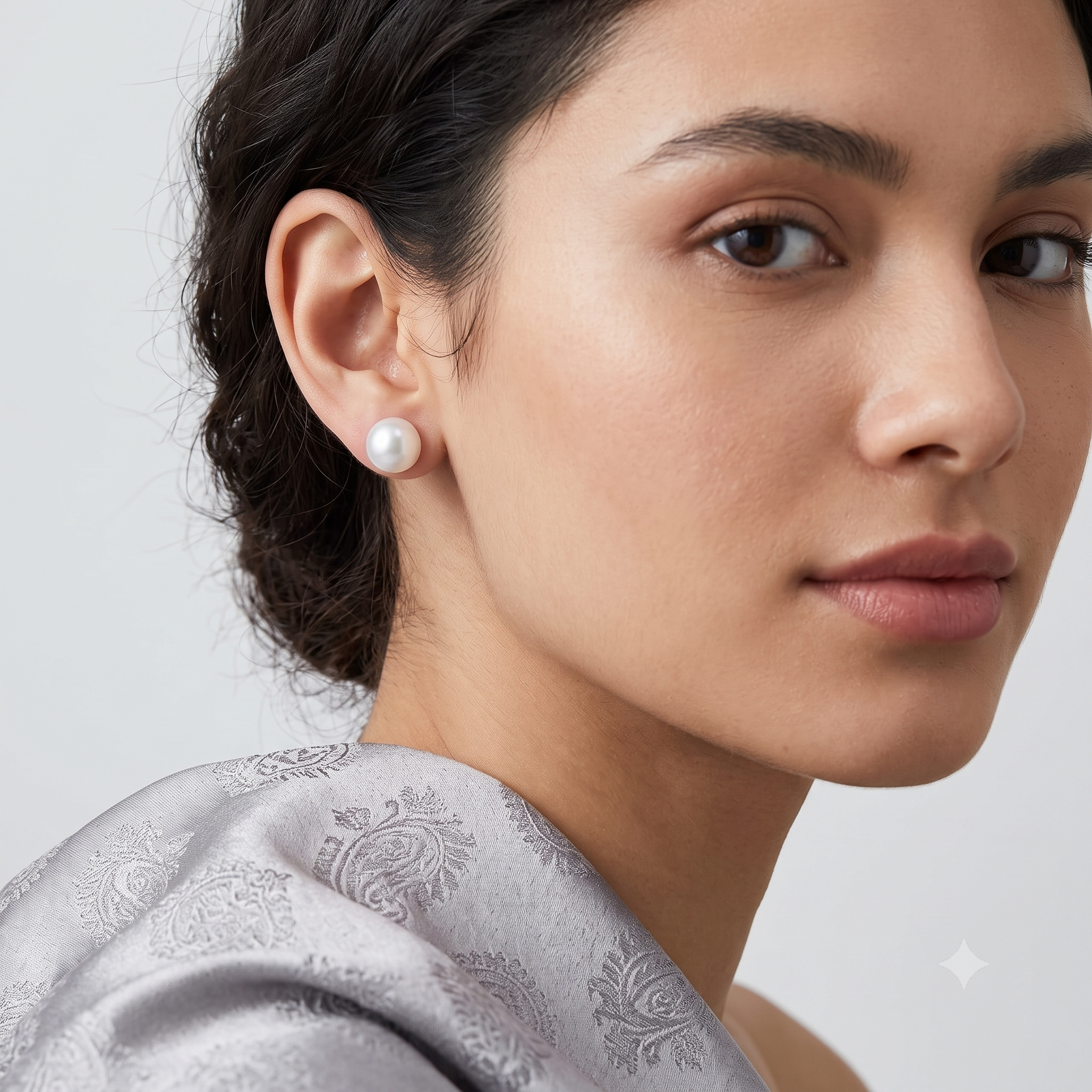 Silver Button Pearl Earring