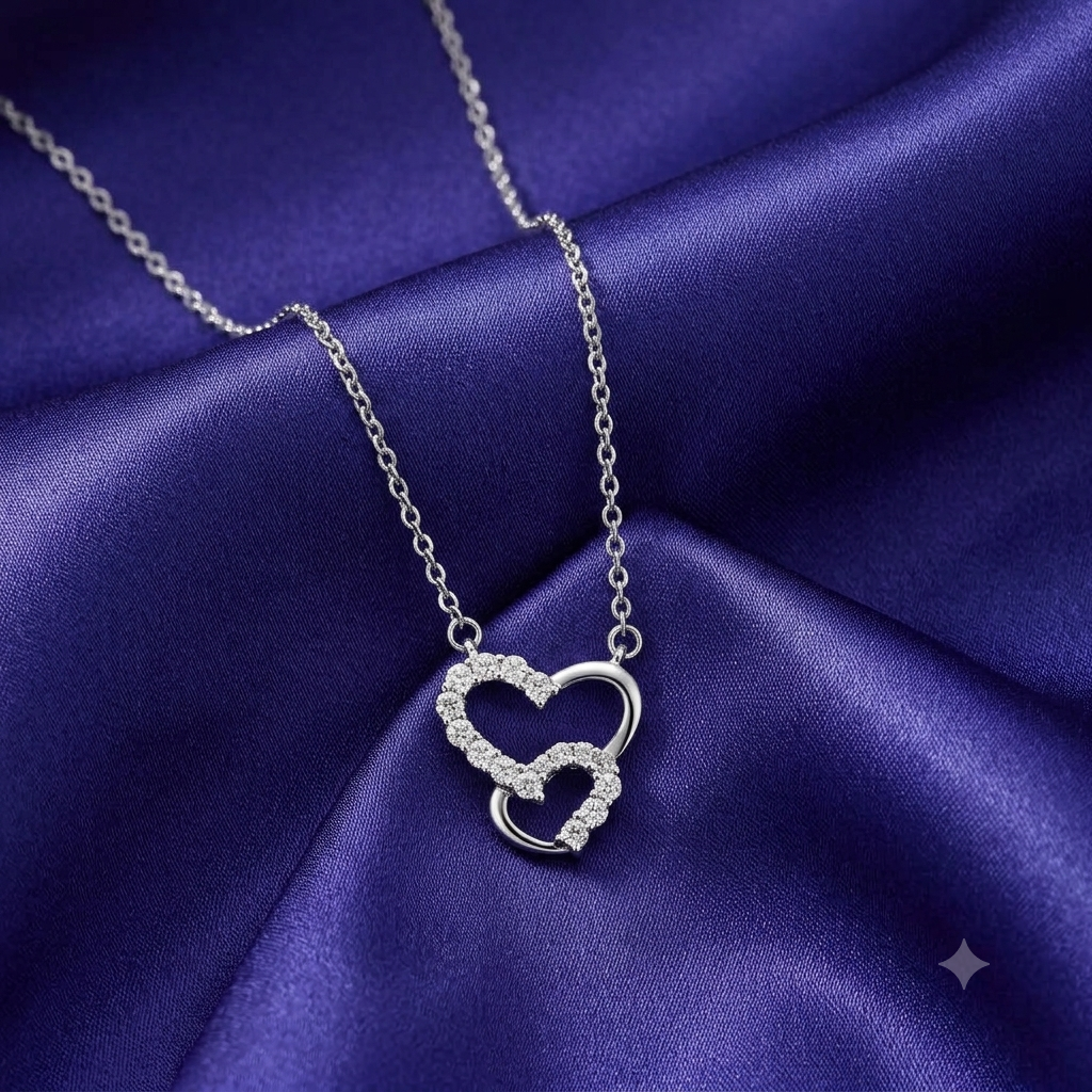 Silver Sparkling Double Heart Necklace