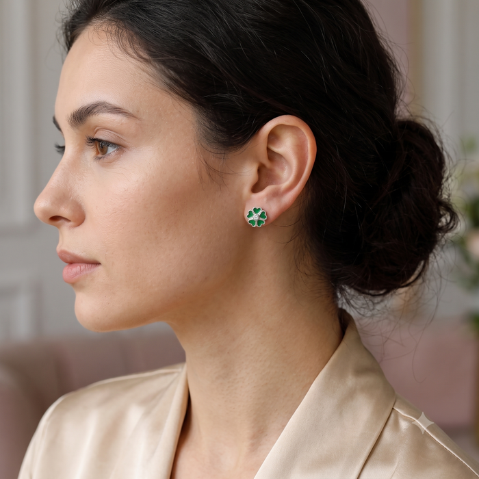 Silver Sparkling Green Alberta Rose Flower Earrings