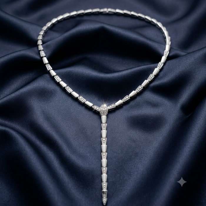 A silver-toned Art Deco style necklace with rectangular pavé-set stones, displayed on draped dark navy satin fabric.