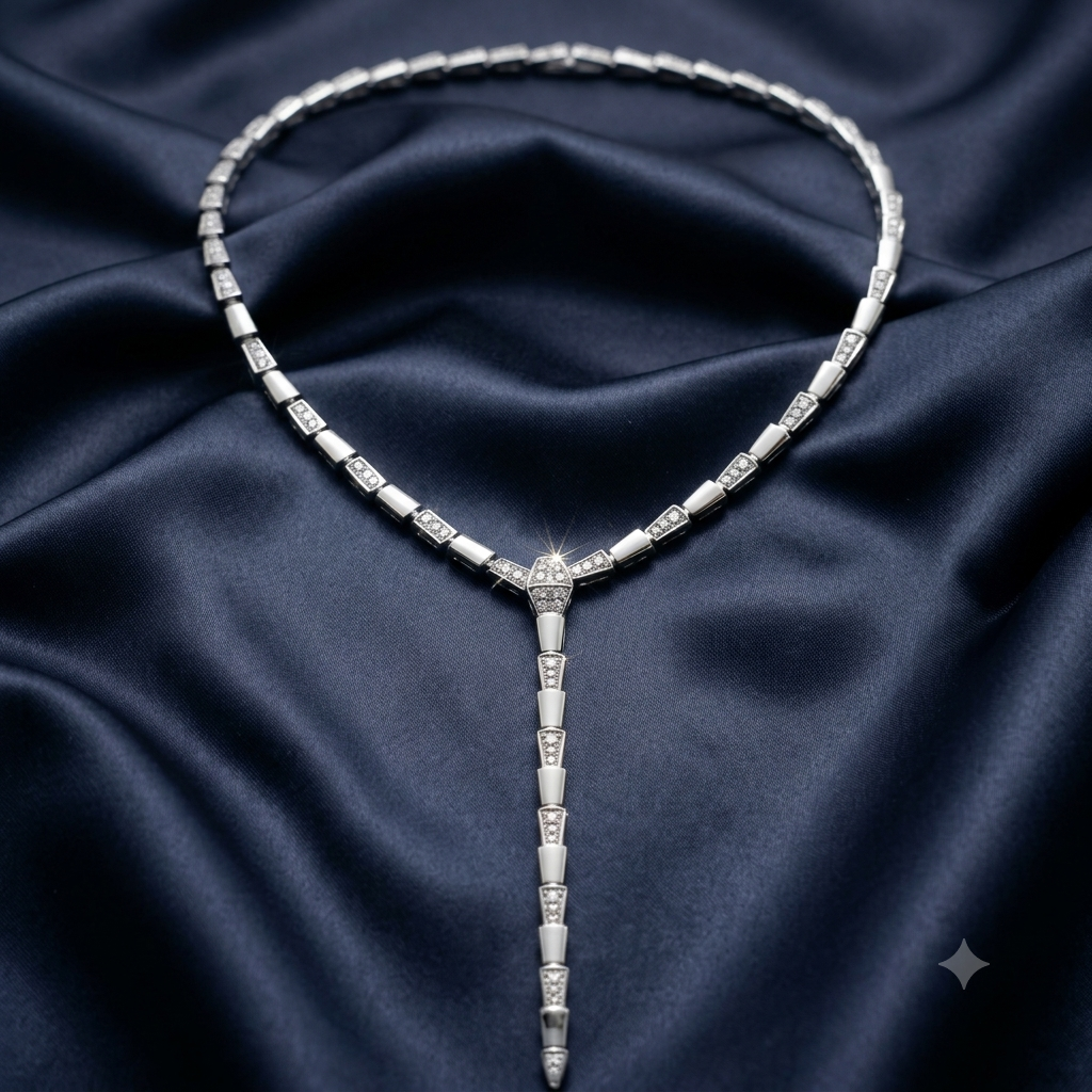 A silver-toned Art Deco style necklace with rectangular pavé-set stones, displayed on draped dark navy satin fabric.