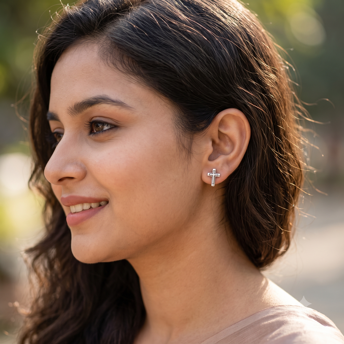 Silver Highlight Holy Cross Stud Earrings