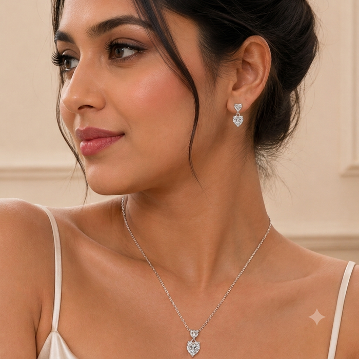 Silver Sparkling Solitaire Heart Embrace Necklace Set