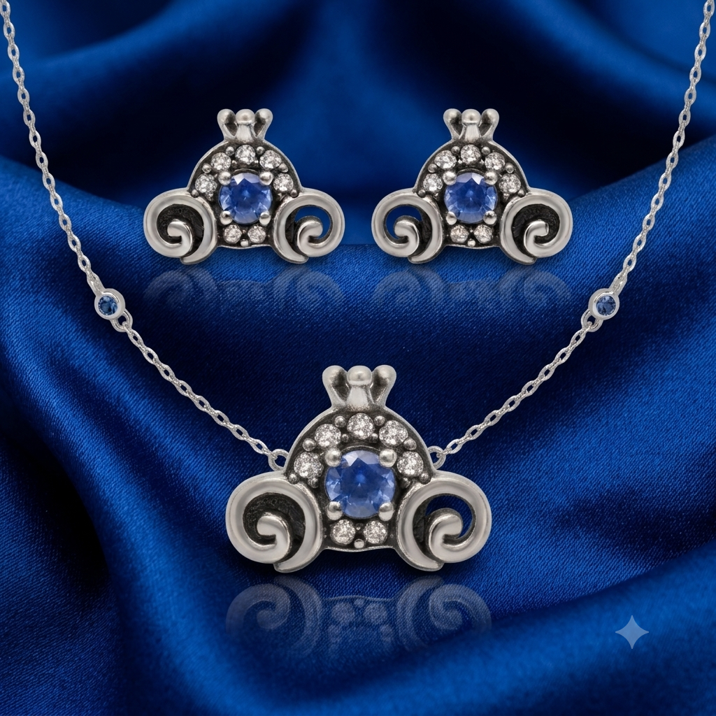 Silver Aquamarine Blue Oxidized Tiara Necklace Set