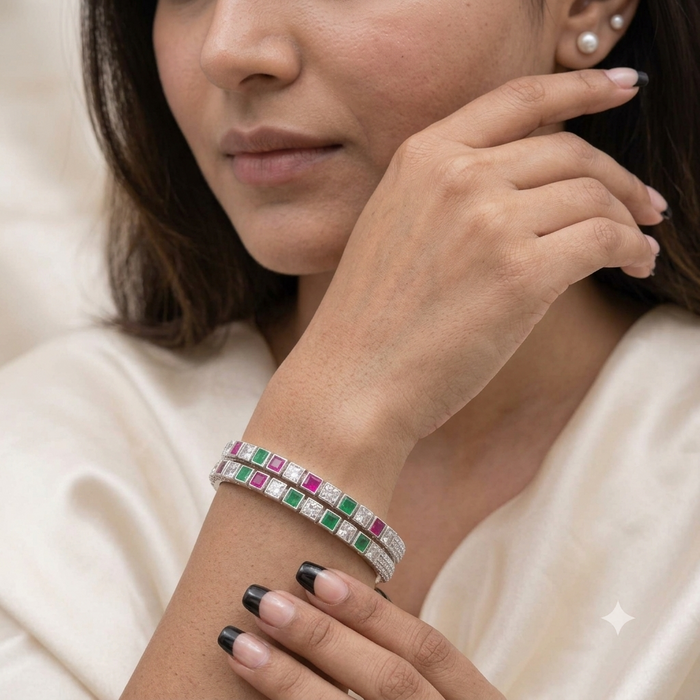 Silver Multitone Gemstone Bangle (Set of 2)