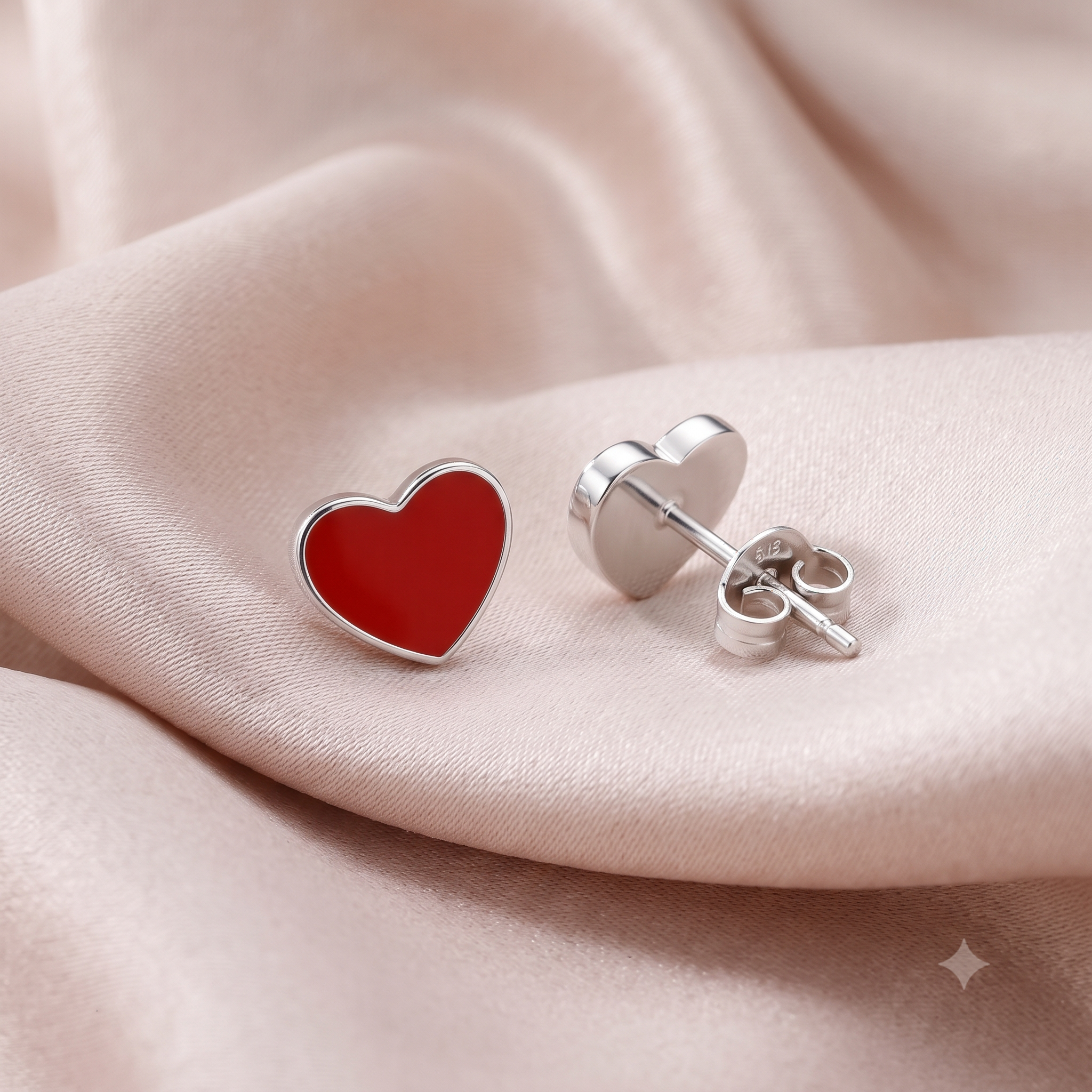 Silver Little Red Heart Stud Earrings