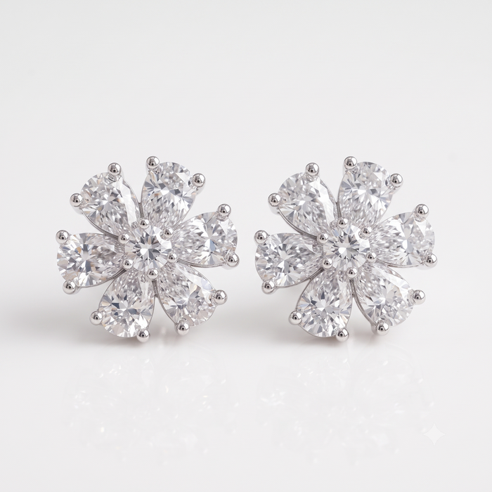 Silver Sparkling Floral Solitaires Earrings