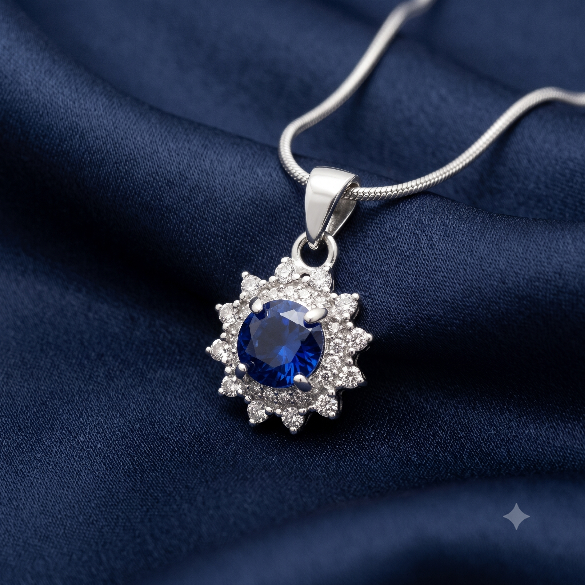 Silver Sparkling Sapphire Blue Pendant with Link Chain