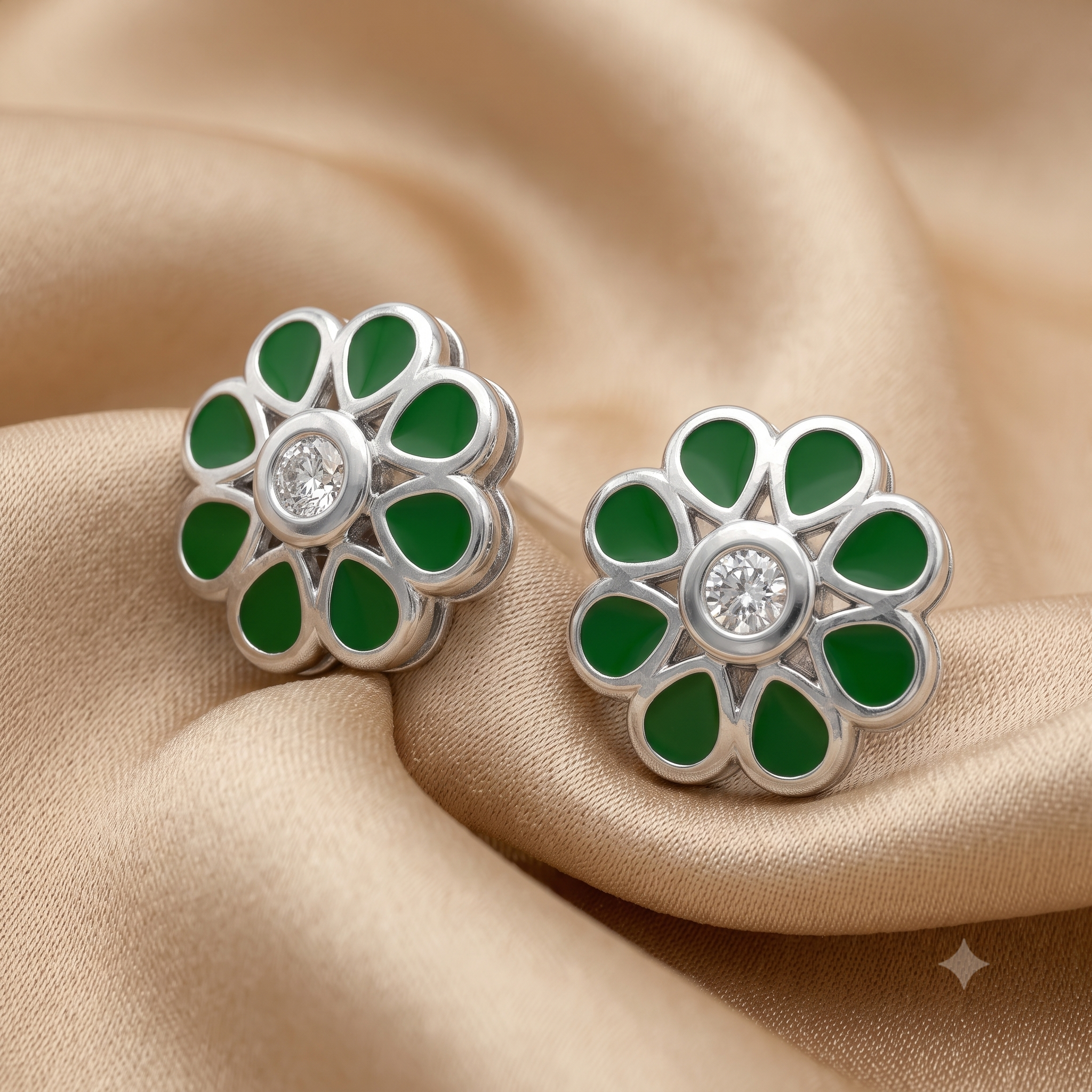 Silver Sparkling Green Filigree Flower Earrings