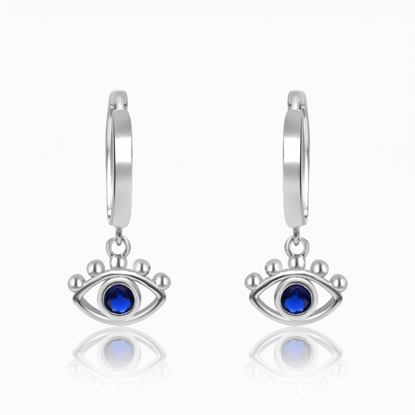 Silver Dangling Evil Eye Charm Hoop Earrings