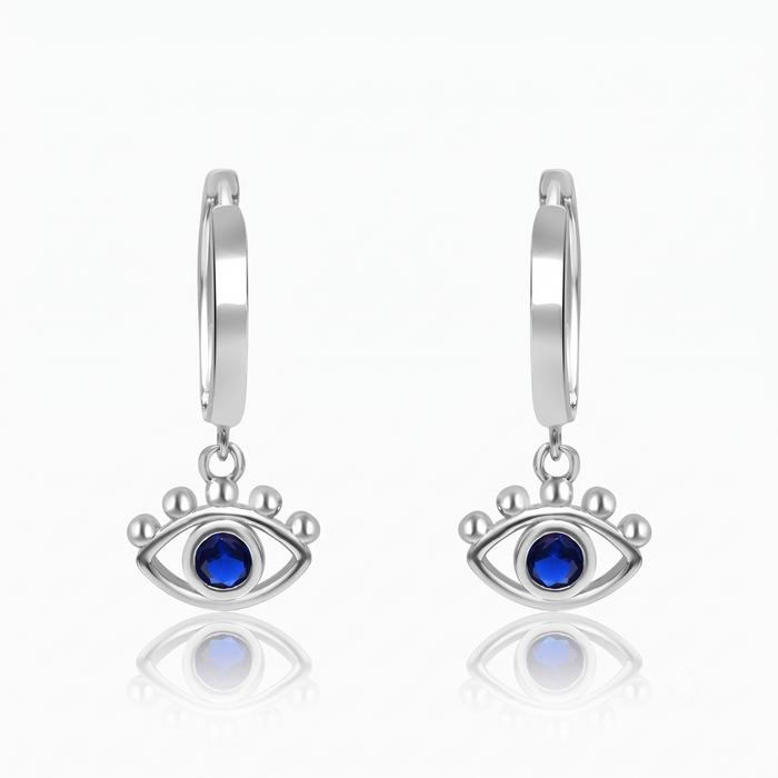 Silver Dangling Evil Eye Charm Hoop Earrings
