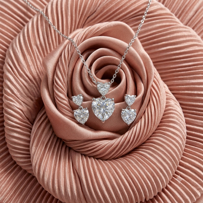 Silver Sparkling Solitaire Heart Embrace Necklace Set