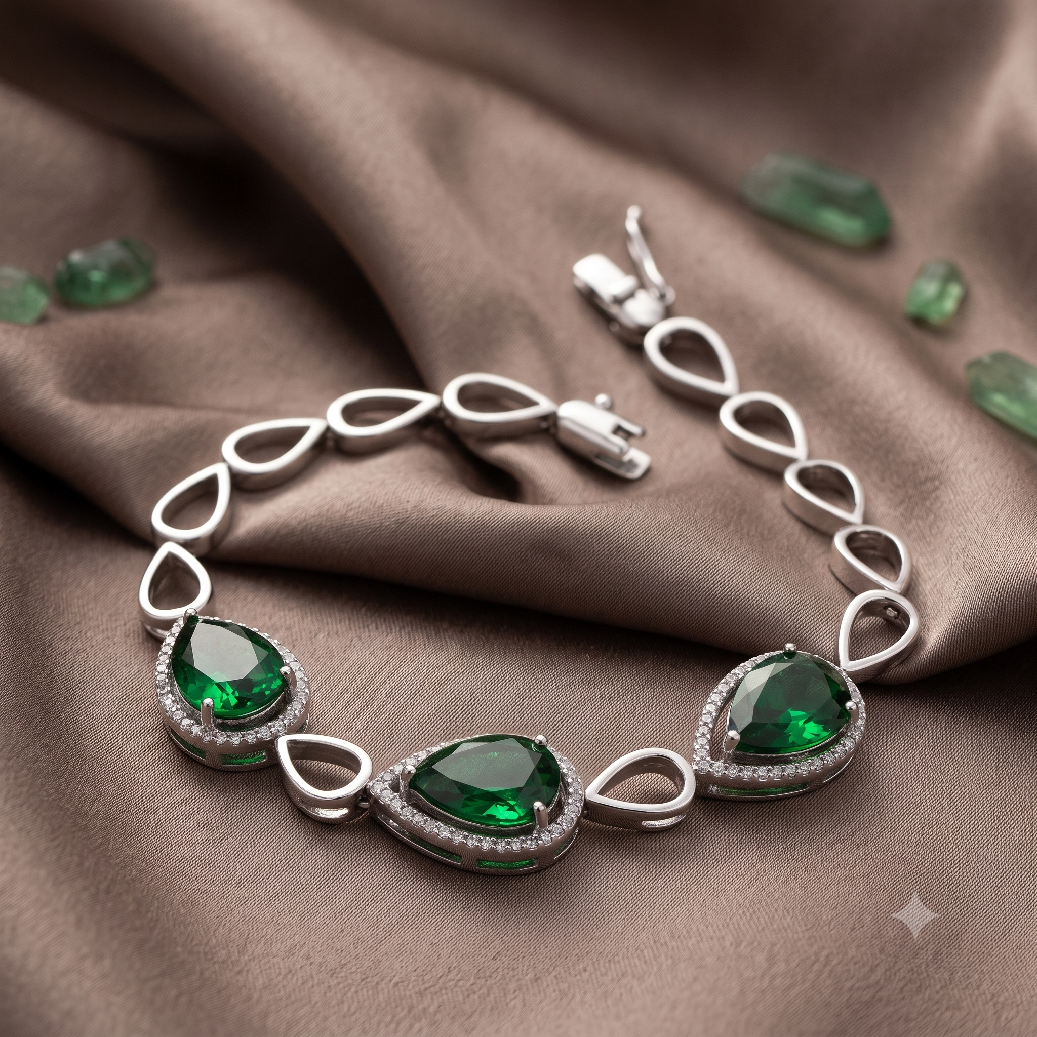 Silver Drop Green Emerald Bracelet