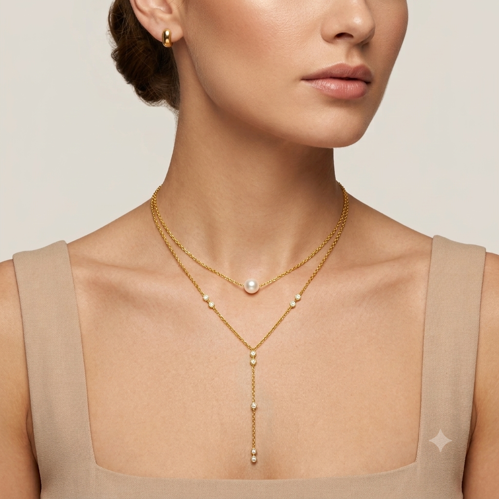 A close-up of a model wearing a delicate gold double-layer necklace with small pearl accents and a matching gold stud earring, styled with a beige top against a soft neutral background.