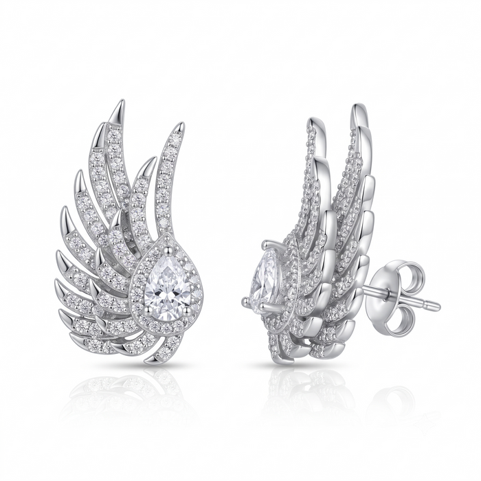 Silver Solitaire Drop on Falcon Feather Earrings