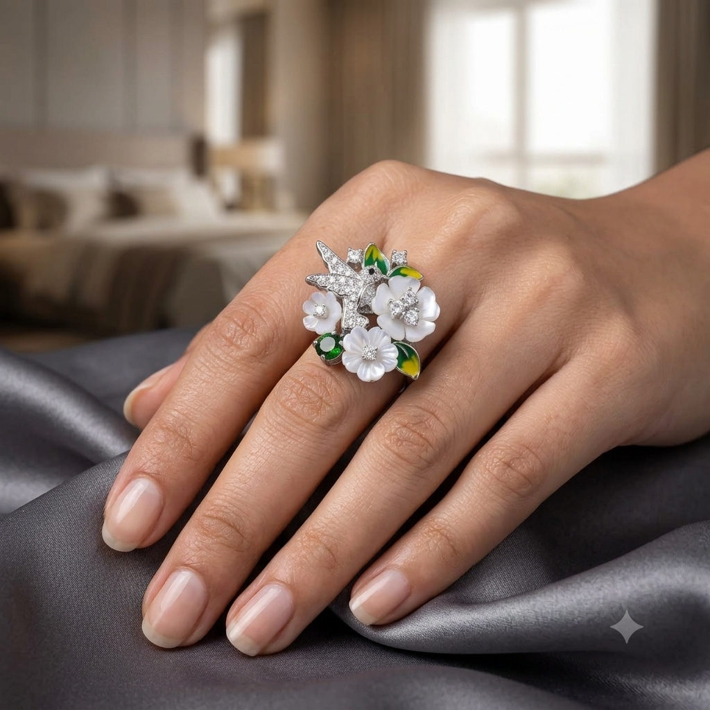 A close-up of a hand wearing a silver-toned ring with white floral elements, clear stones, and green enamel accents, set against a softly blurred bedroom background and draped gray satin fabric.