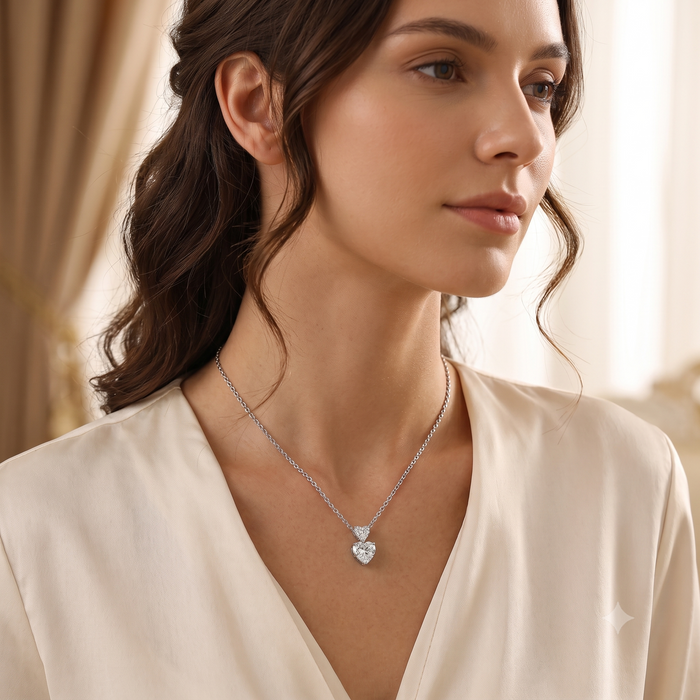 Silver Sparkling Solitaire Heart Embrace Necklace