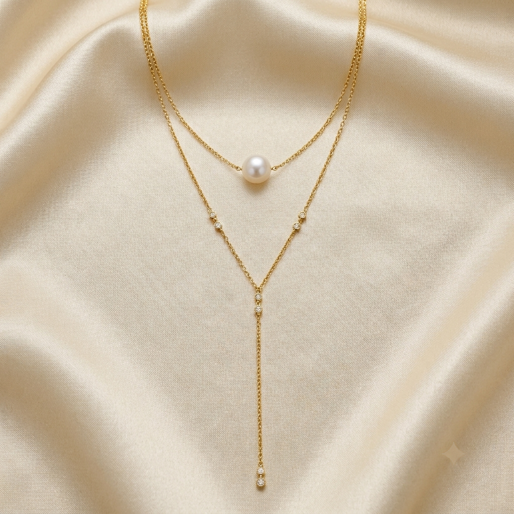 Silver Two Line Chain Zircon & Pearl Necklace