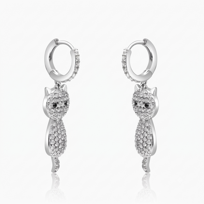 Silver Dangling Cute Cat Hoop Earrings