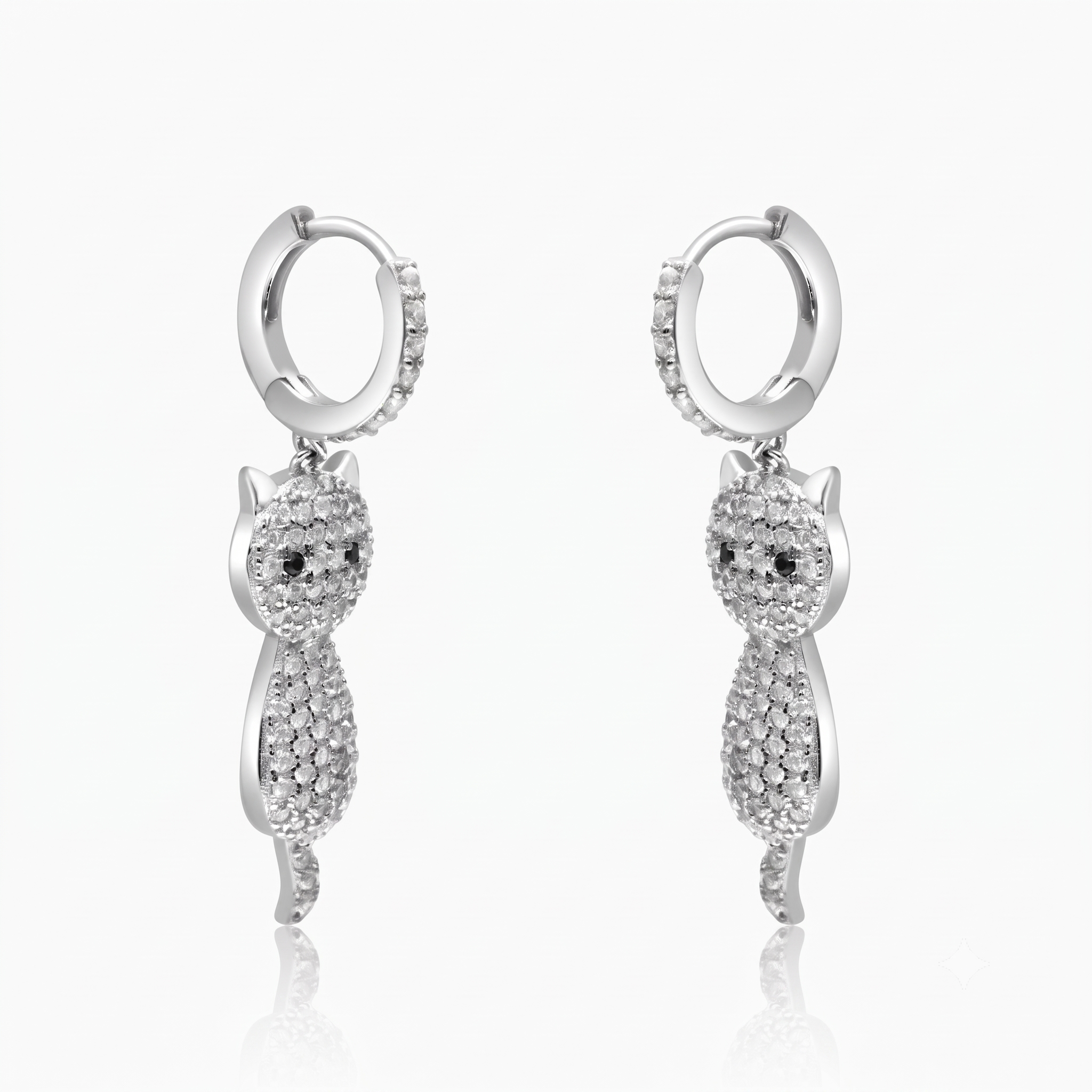 Silver Dangling Cute Cat Hoop Earrings