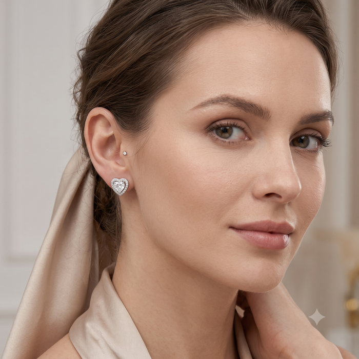 Silver Sparkling Awe Heart Solitaire Earrings