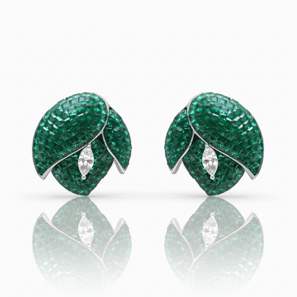 Silver Siberian Emerald Green Flower Earrings
