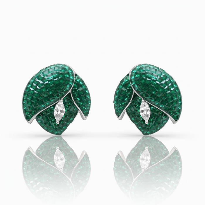 Silver Siberian Emerald Green Flower Earrings
